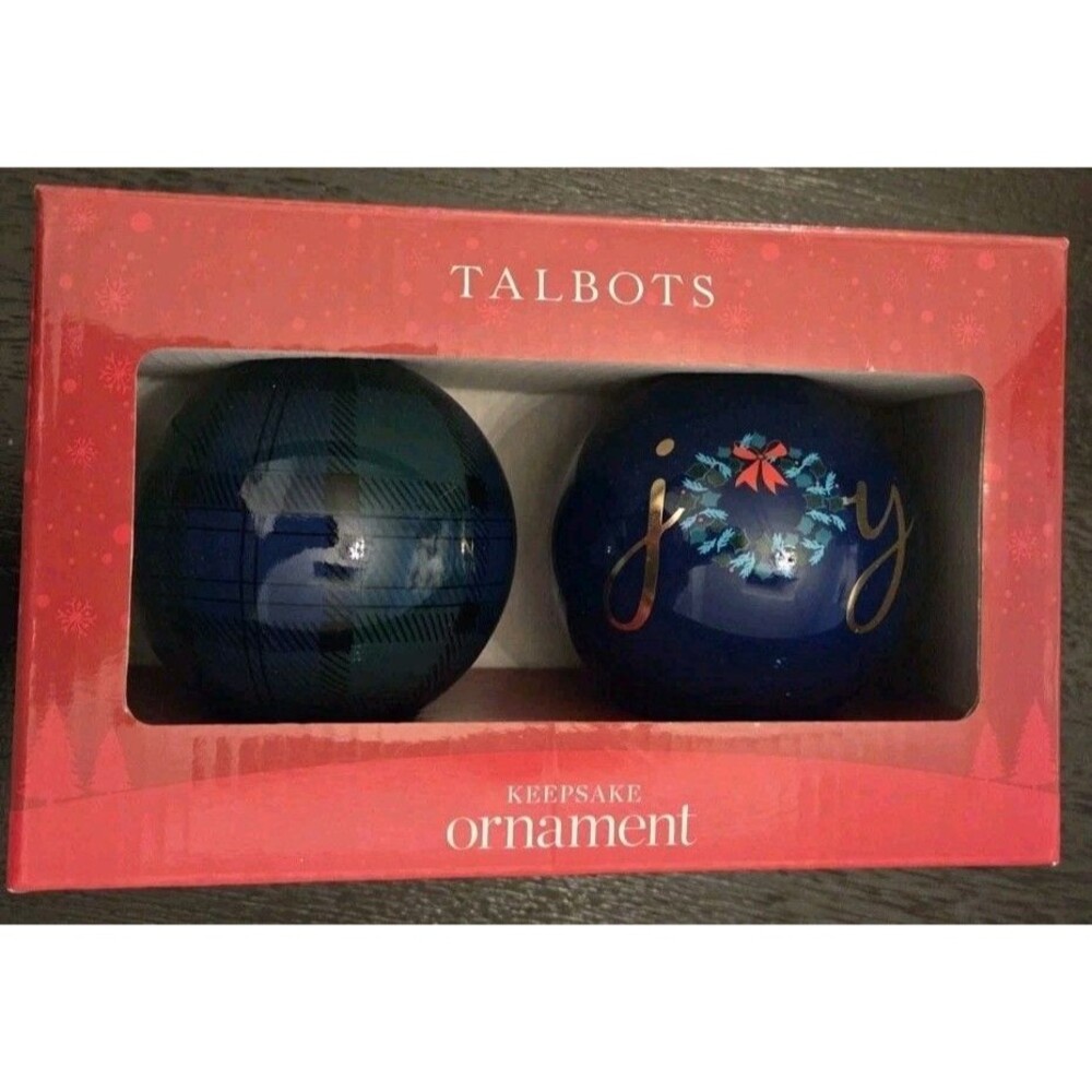 Talbots Joyful Ornament Set of 2,  "Joy" & dark blue & green tartan pattern